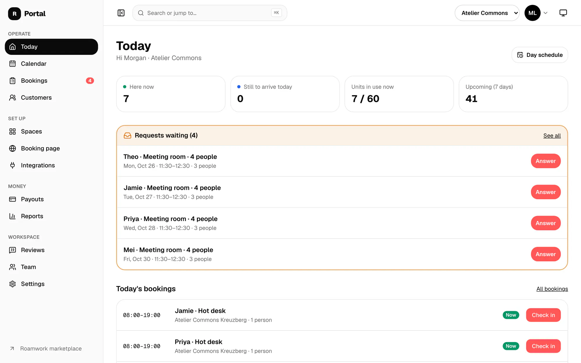 Roamwork Portal Today view with arrivals, units in use and booking requests waiting for an answer